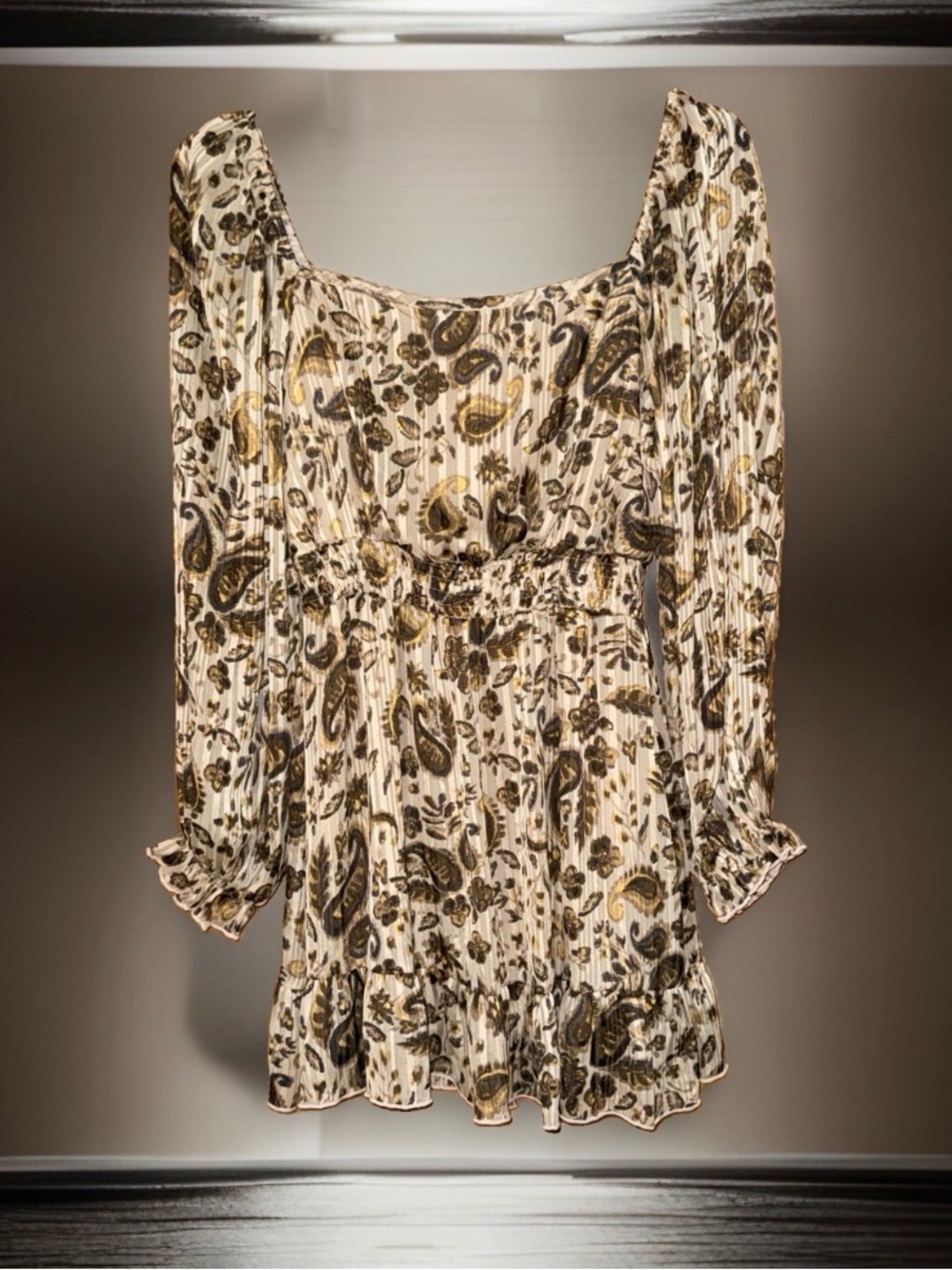 Peach Love California Cream Paisley Smocked-Waist Tunic with Gold Accents